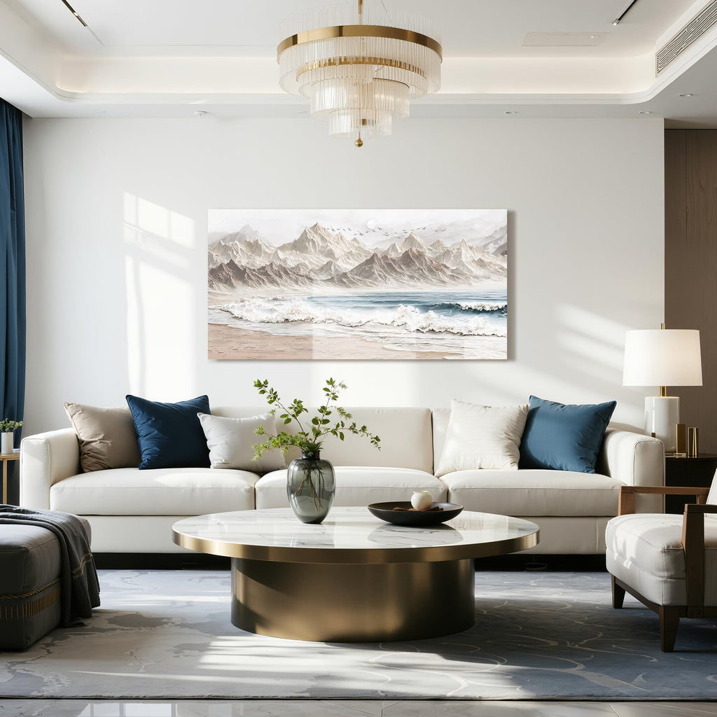 Modern Mountain Landscape Large Wall Art Beach Wave Decor Neutral