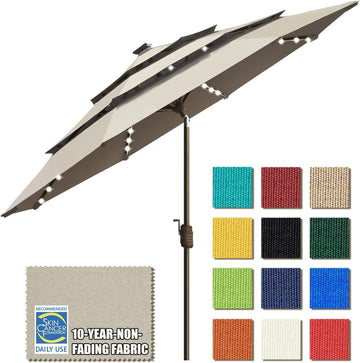 USA 10-Year-Non-Fading 9ft 3-Tier Market Patio Umbrella, Commercial Table Umbrella with 80 Solar LED Lights - Antique Be
