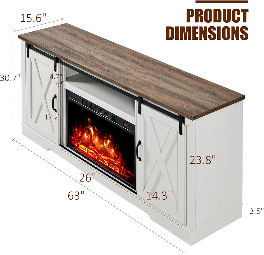 Fireplace TV Stand with Sliding Barn Door for TVs up to 73", Farmhouse 63" Fireplace Entertainment Center with Storage Cabinets/Adjustable Shelves, Distressed White & Barnwood