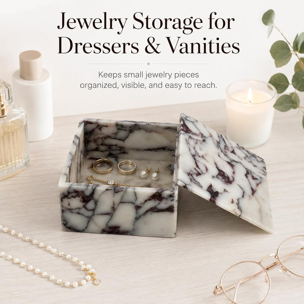 Natural Marble Square Jewelry Box with Lid, 5.91