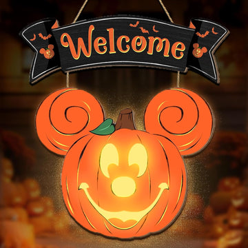 Halloween Mouse Pumpkin Wreath with Light for Porch Door Sign Decorations