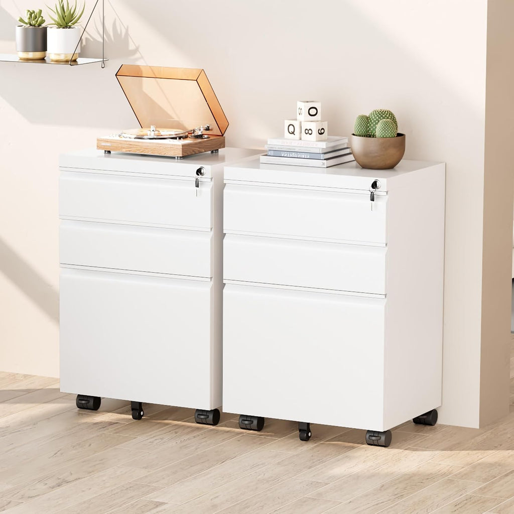 3 Drawer Mobile File Cabinet with Lock, Fully Assembled Rolling File Cabinet Except Casters, Under Desk File Cabinet