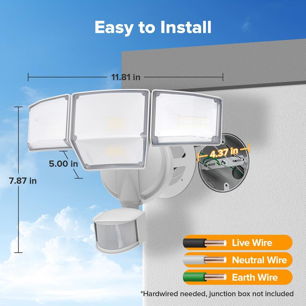 80W 9000LM LED Security Light Hardwire Motion Sensor Outdoor Lights, 4 Head LED Flood Lights Outdoor 5000K Daylight