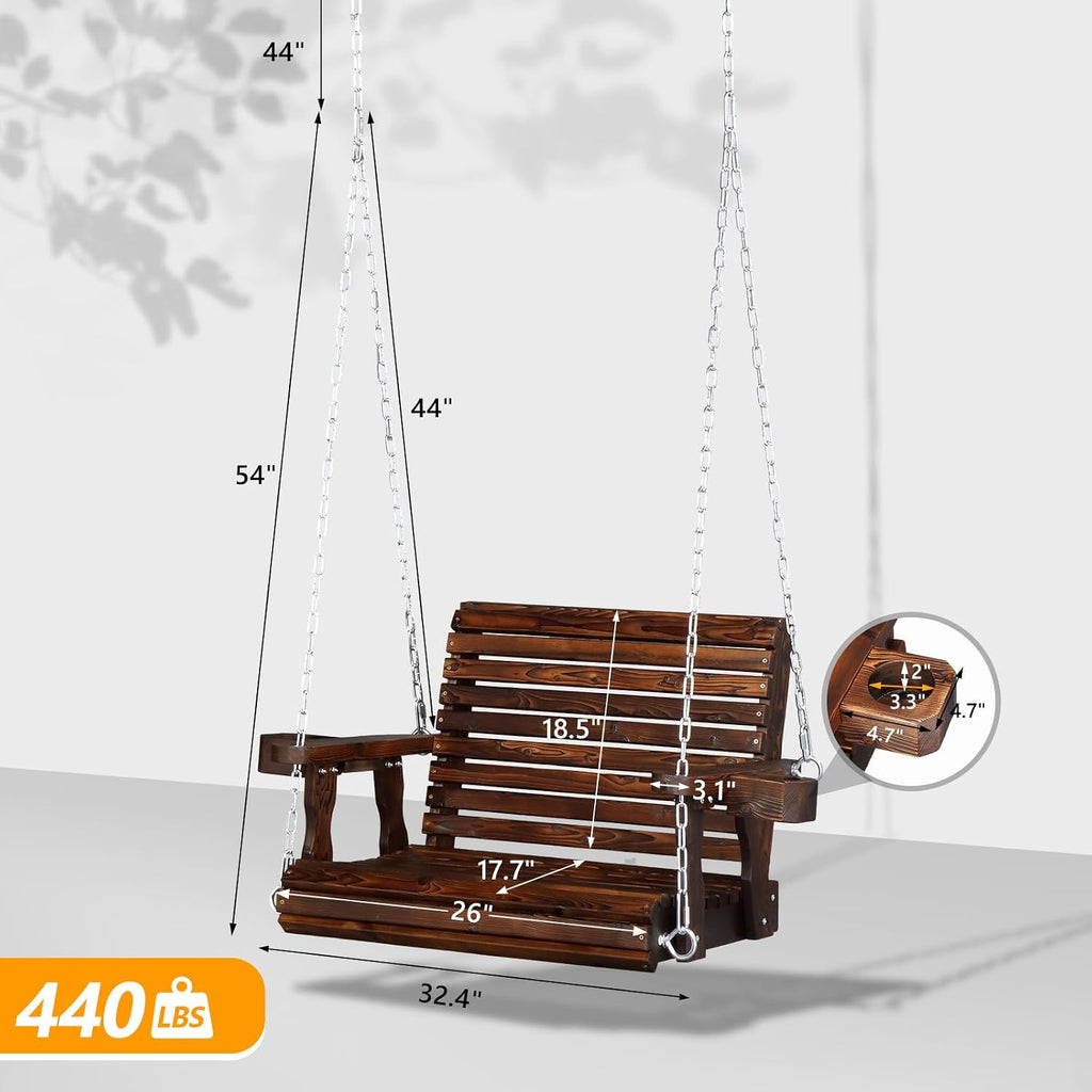 440 LBS Heavy Duty 1-Person Wooden Porch Swing, Rustic | Deep Seat Design; Higher Backrest; Extra Cup Holder;