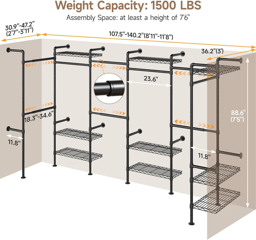 Wall Mounted Garment Rack, Industrial Pipe Clothing Rack, Closet System with 6 Expandable Rods, Walk in Closet