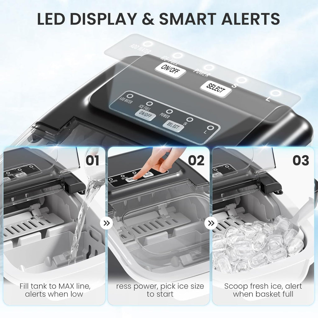 Countertop Ice Maker, 8 Cubes in 6 Mins, 26Lbs/Day Bullet Ice, Portable Ice Maker with 2 Sizes of Cubes