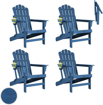 Folding Adirondack Chair Set of 4, Fire Pit Chairs with Cup Holder | Wood-Grain, HDPE All Weather, Quick-Folding, No