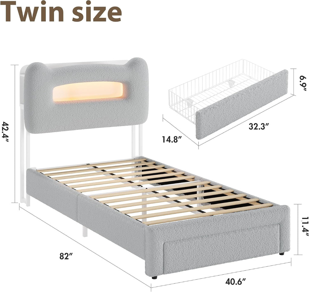 Led Twin Bed Frame for Kids with Drawer, Grey | Upholstered Sturdy Platform Bed, Storage Headboard, Charging Station