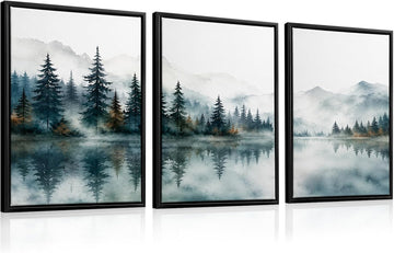 Framed Nature Mountain Wall Art, 3 Piece Forest Watercolor Canvas Prints, Misty Lake Landscape Pictures Bedroom
