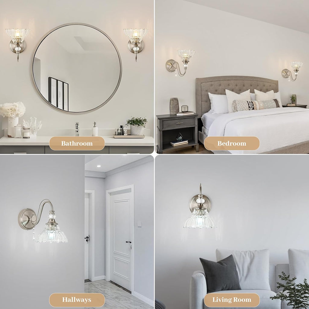 1 Piece Brushed Nickel Finish Wall Sconce, 1-Light Modern Wall Sconce with Hanging Crystal Accents and Flower-Shaped