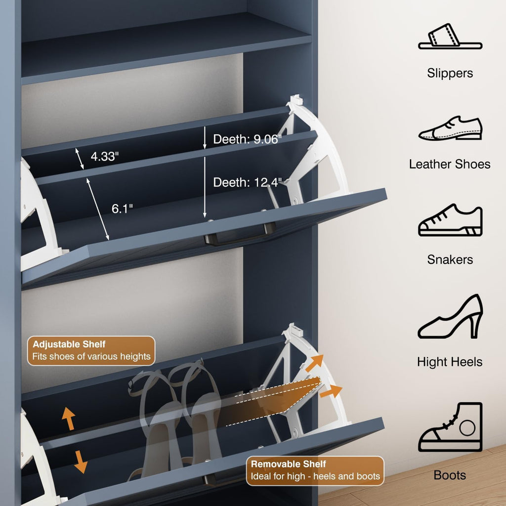 Shoe Storage Cabinet with 2 Flip Drawers, 24" W Farmhouse Modern Hidden Shoes Rack with Adjustable Shelves & Open