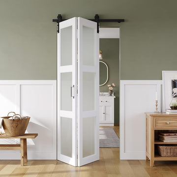 36in x 84in Bifold Barn Door, Frosted Glass Barn Door with Hardware Kit Included, Pre-Drilled Holes 