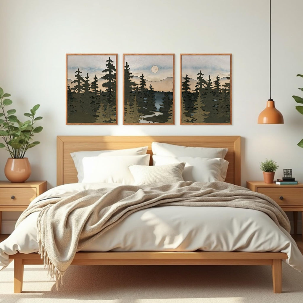 Vintage Mountain Framed Canvas Wall Art Set, Boho Sunrise Art Prints, Forest Nature Wilderness Art Paintings