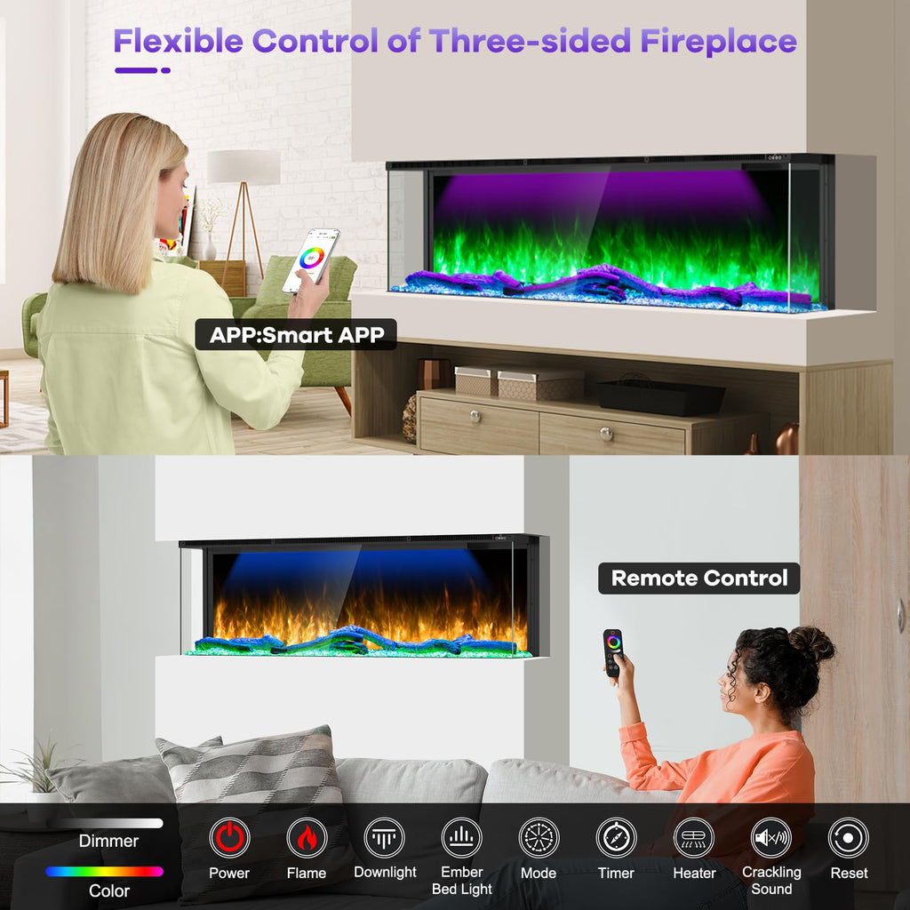 100" Linear 3 Sided Electric Fireplace Insert, Realistic Flame&Log Set, Modern Fireplace with Smart APP, 750W/1500W