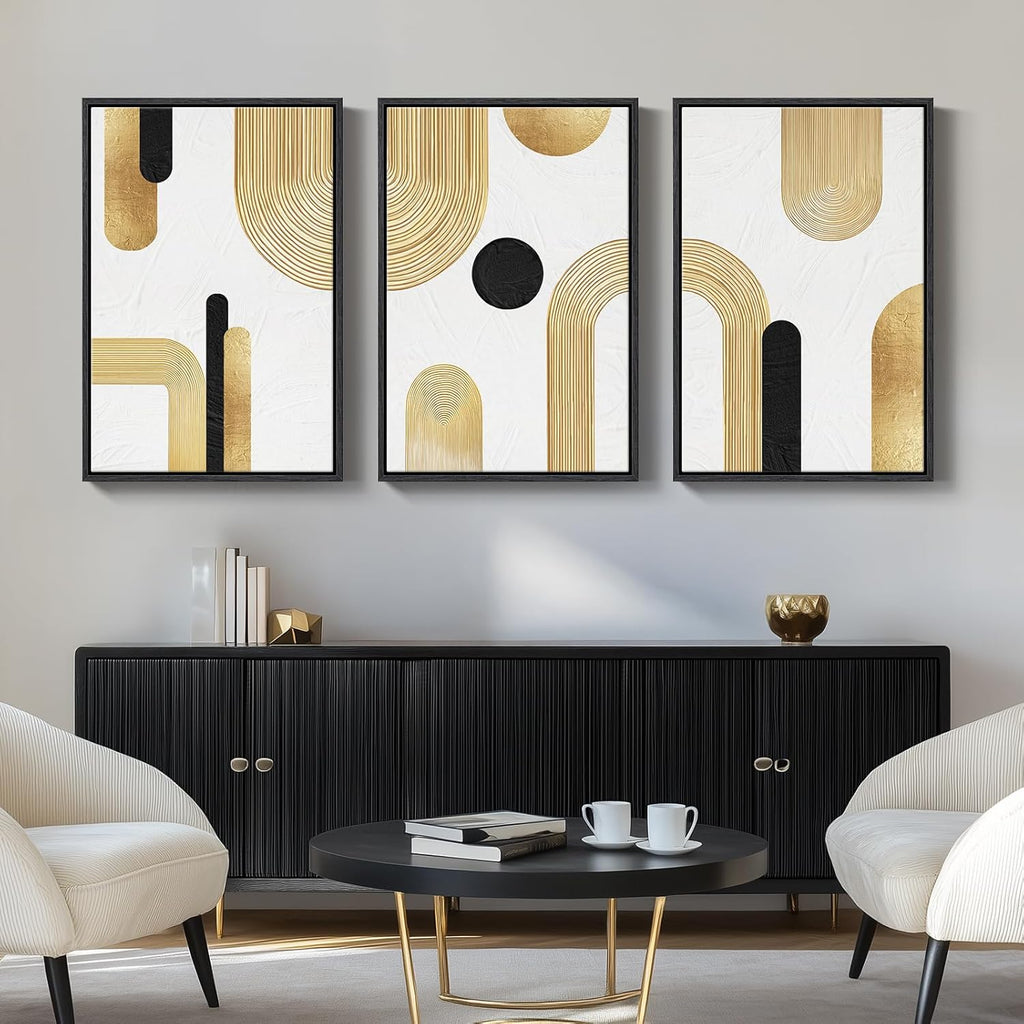 Large Framed Gold Abstract Geometric Wall Art , 3 Piece Modern Canvas Prints Paintings Artwork for Walls, Minimalist