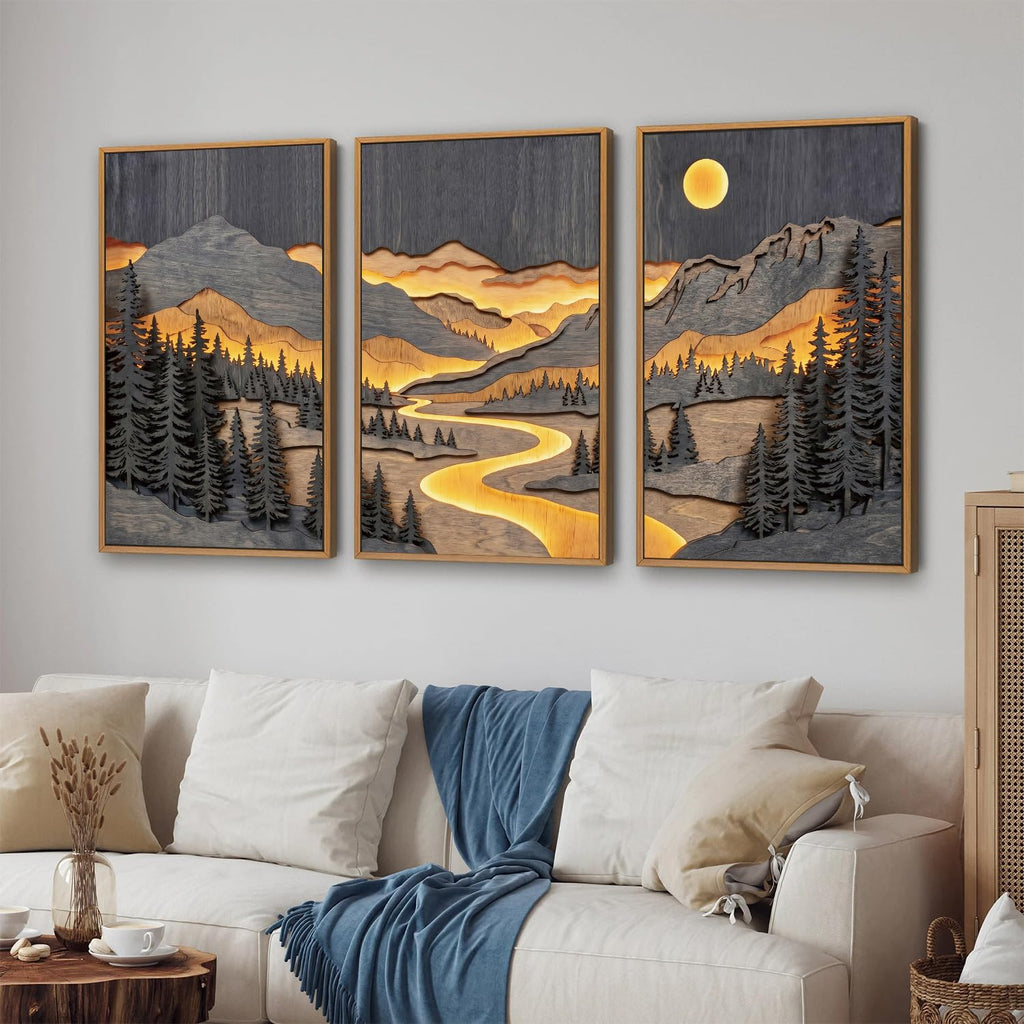 Dark Mountain Framed Canvas Wall Art, Rustic Nature Woodland Landscape Wall Decor, Woodcut Pine Trees Artwork, Retro
