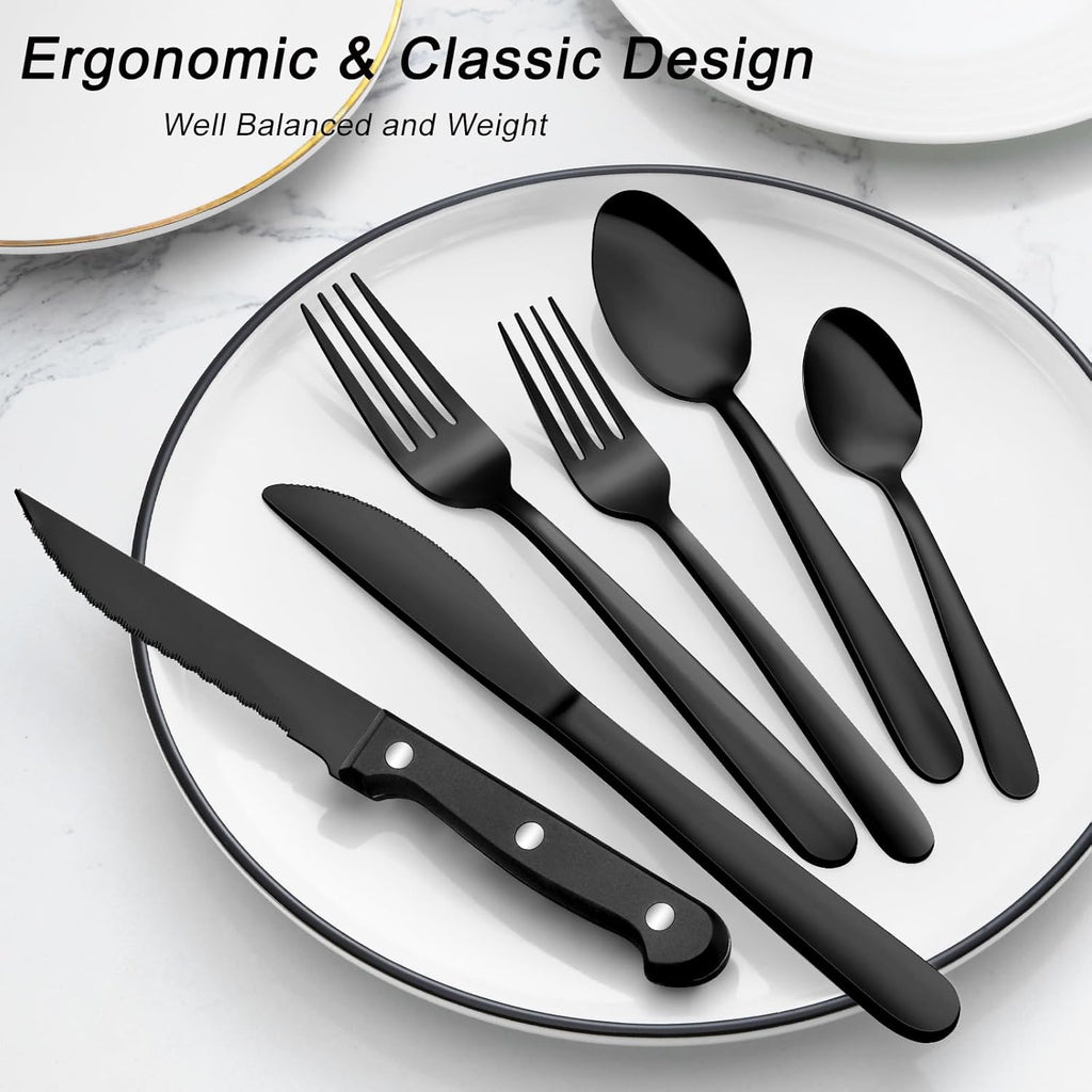 72 Pieces Black Silverware Sets for 12 - Dishwasher Safe, Flatware Set with Steak Knives, Stainless Steel Cutlery Set
