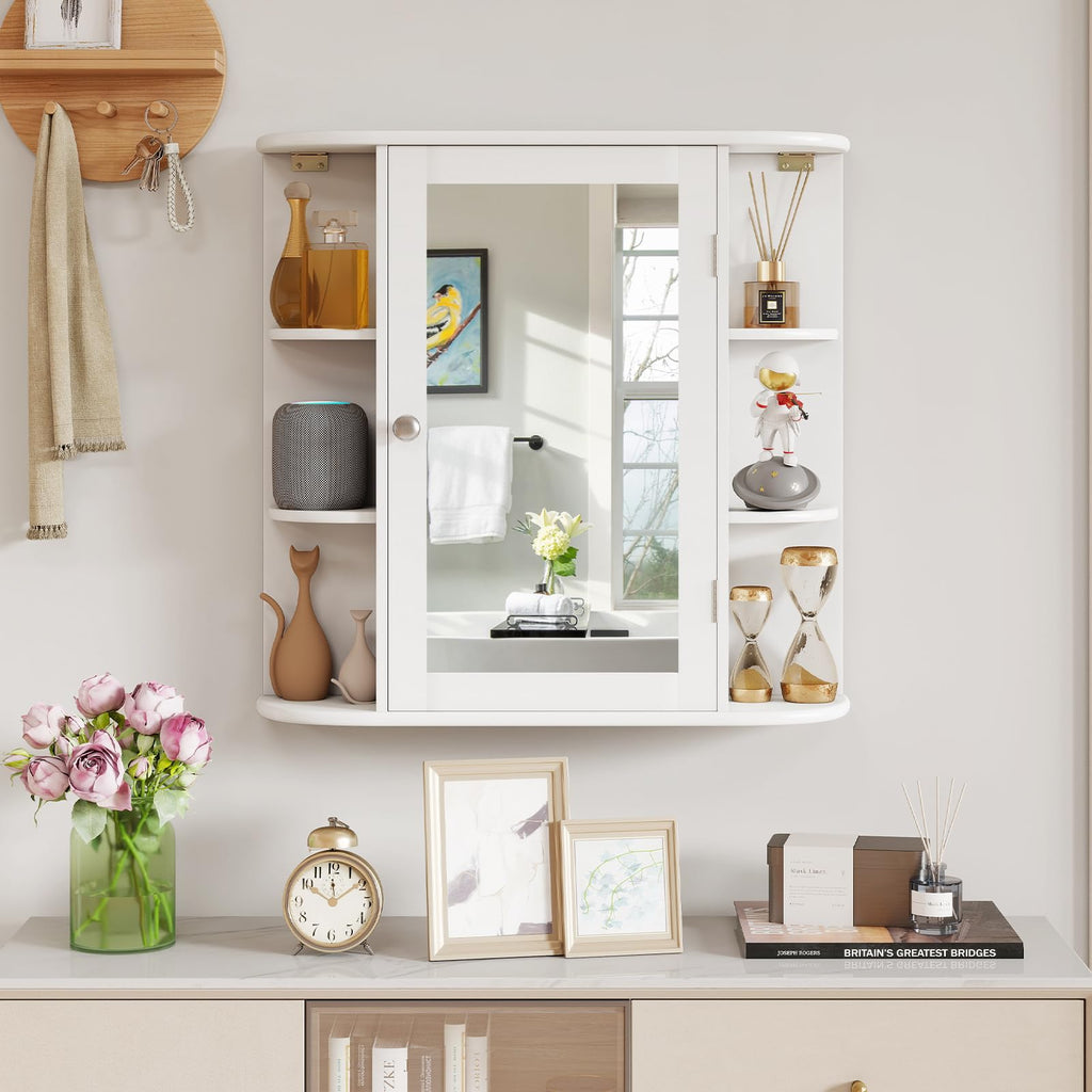 Bathroom Medicine Cabinet with Mirror, Modern Wall Mounted Space-Saving Storage Organizer with Mirrored Door, 4