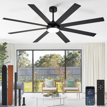 72" Ceiling Fans with Lights: Black Indoor/Outdoor Ceiling Fan for Patios Living Room - 8 Blades Dimmable Large