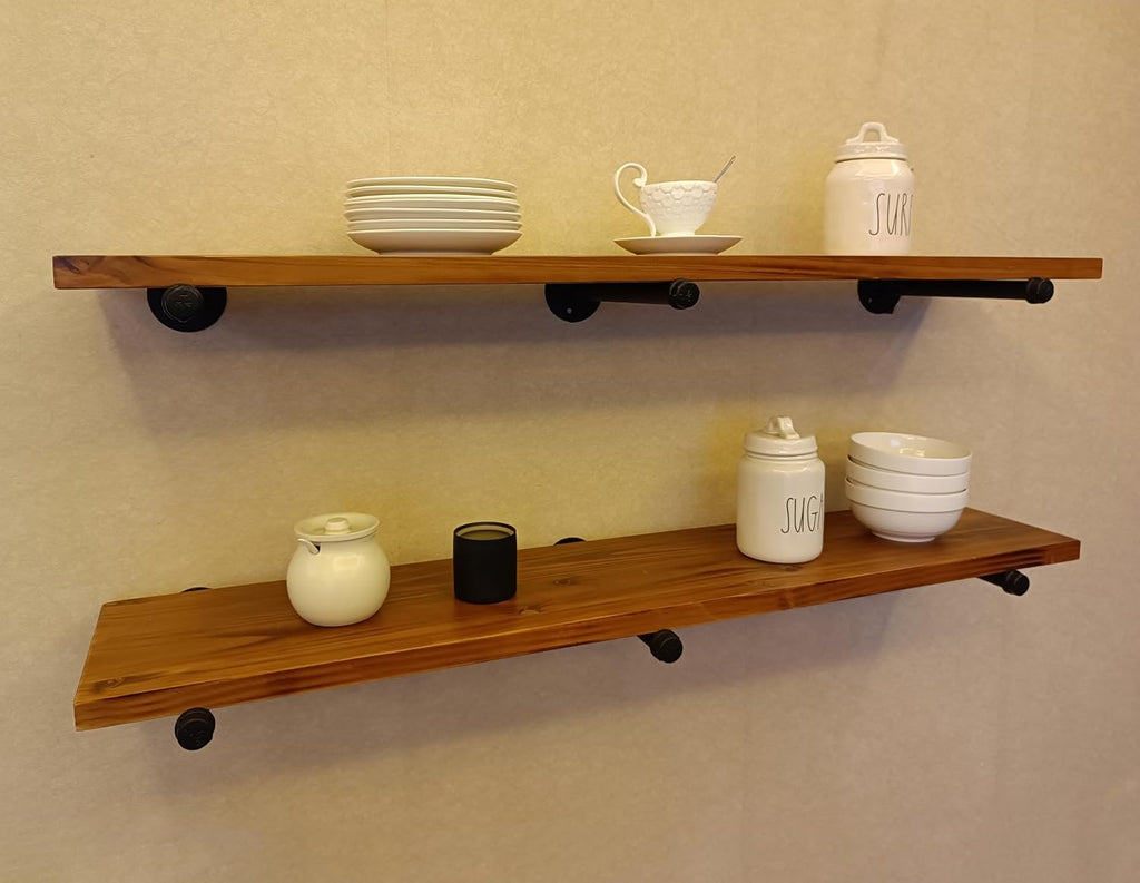 48 inch Industrial Pipe Floating Shelves,Solid Pine Wood Wall Shelf | Solid Pine Wood,9.85" Extra Width,special