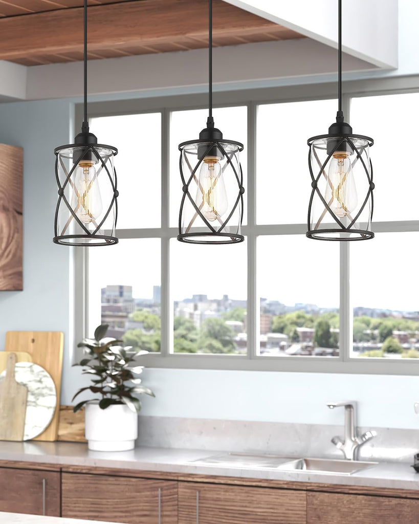 Glass Pendant Lights Kitchen Island 2 Pack, Black Mini Pendant Light with Clear Glass, Farmhouse Industrial Cage