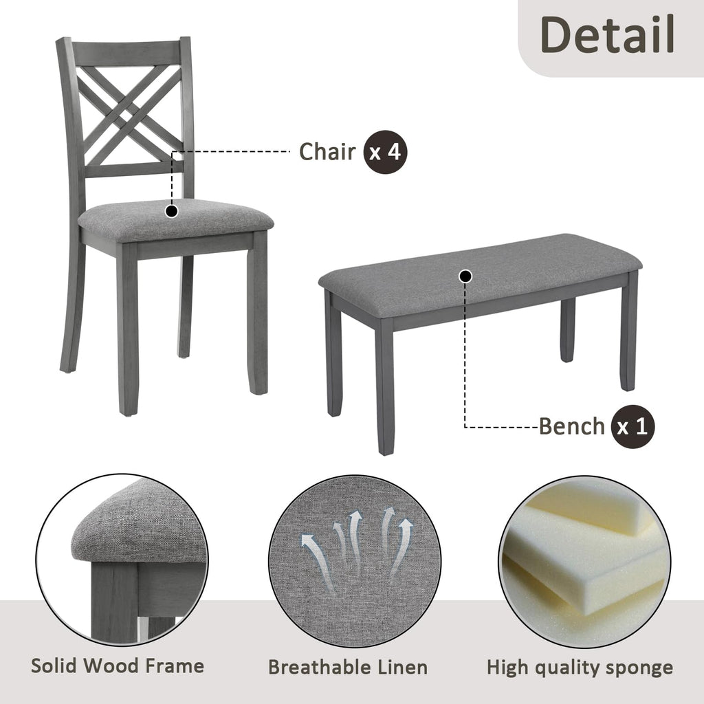6 Piece Kitchen Dining Room Set, Rectangular Wooden Dining Table with 4 X-Back Upholstered Chairs and 1 Bench, Modern