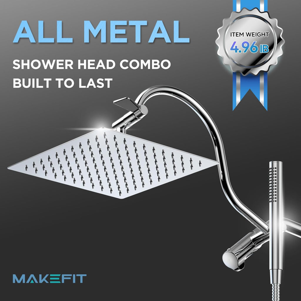 All Metal Dual Shower Heads Combo with Curved Extension Arm, 10" Rain Shower Head with Handheld Spray