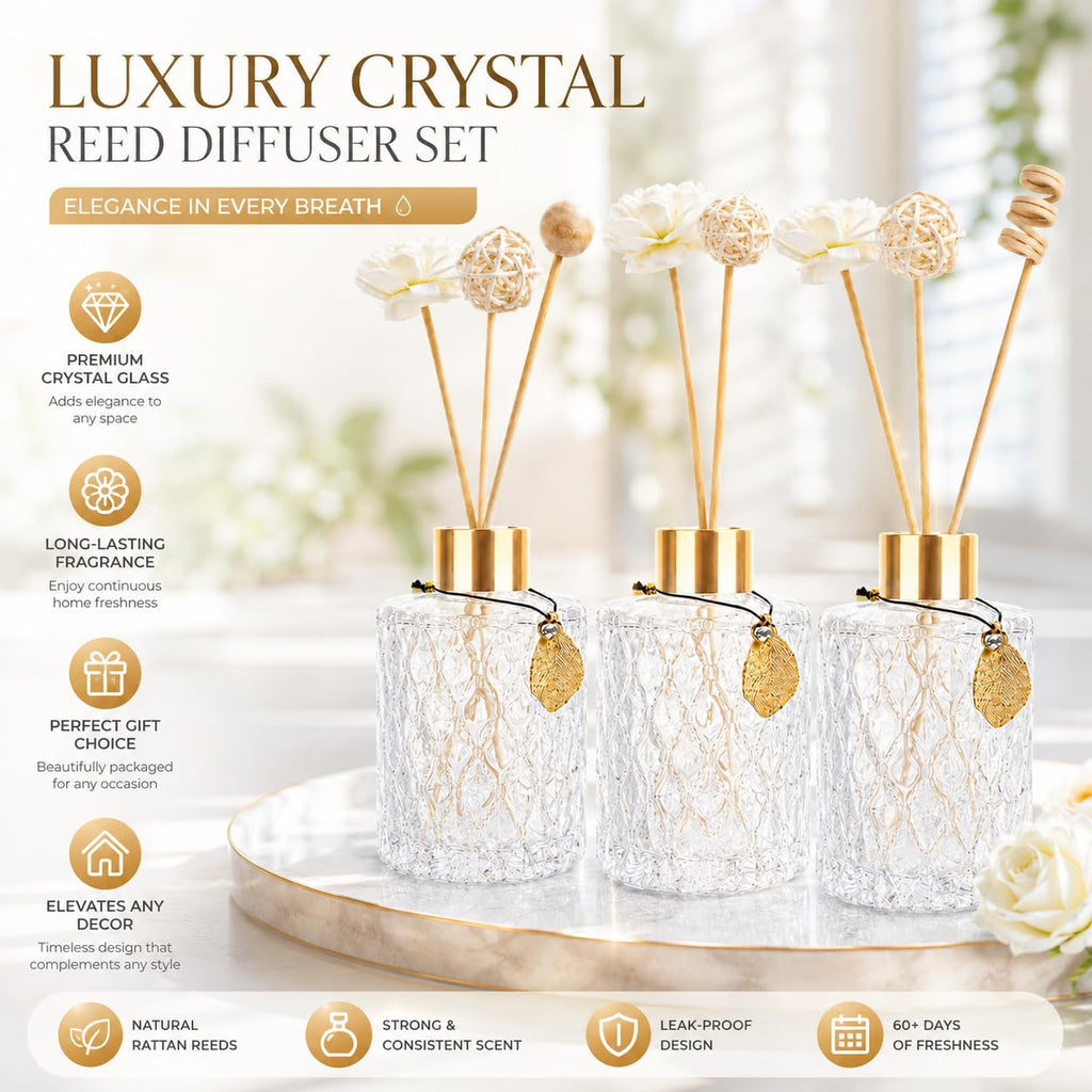 Glass Reed Diffusers Bottles, Diffuser Bottles with Reed Diffuser Sticks Set, Vintage Embossed Apothecary Style