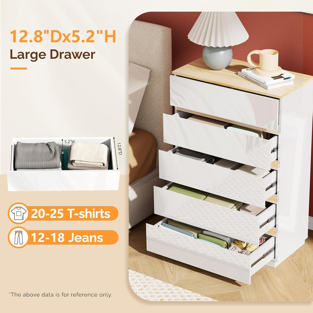 5 Drawer Dresser , 45" H Tall Dresser Chest of Drawers, High Gloss Wood Modern Storage Cabinet with Brown Top