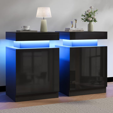 Nightstands Set 2, 15 Inches LED Night Stand Set of 2, Modern Bedside Table with LED Lights, High Gloss Surface, End