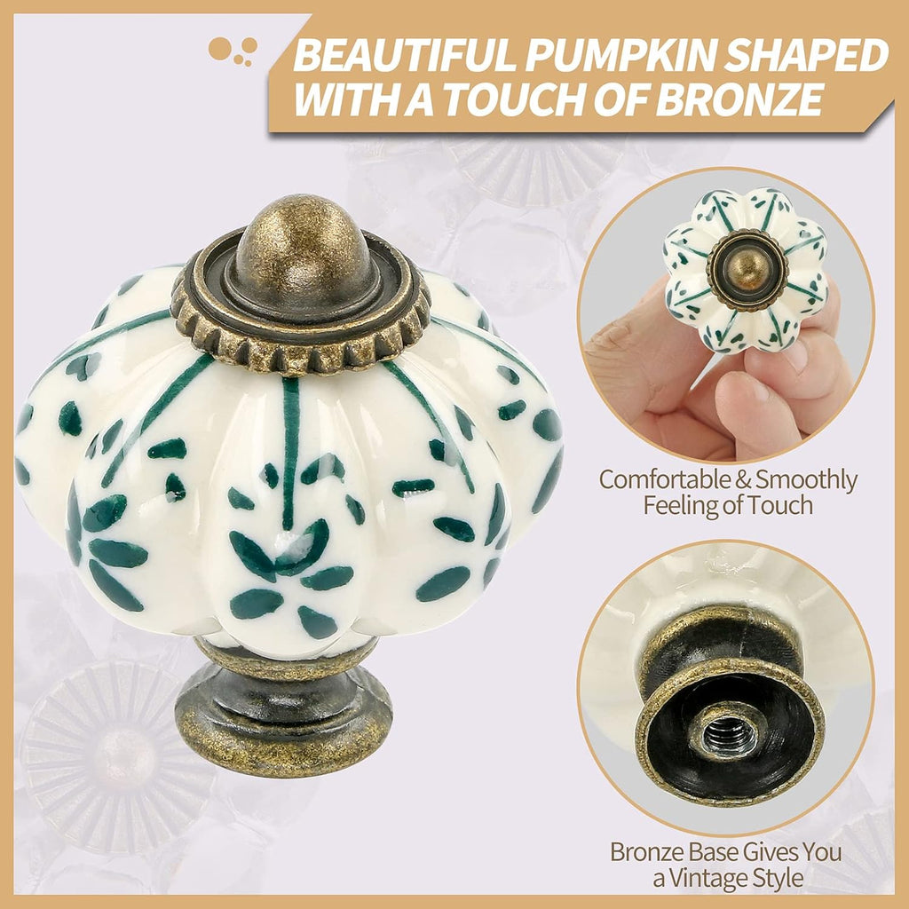 Ivory & Green Pumpkin Knobs 12 Pack Ceramic Cabinet Knobs Vintage Drawer Pulls - Antique Dresser Pulls with Screws