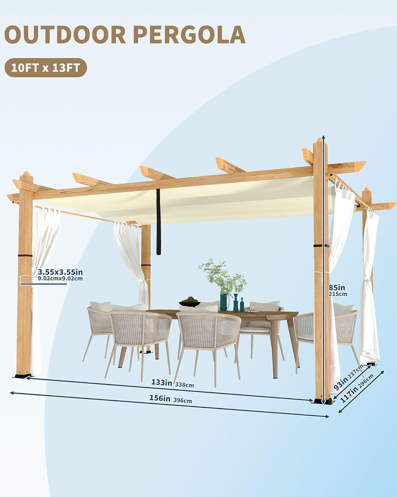 10x13 Ft Outdoor Pergola with Retractable Canopy Aluminum Gazebo Imitation Wood-Grain Post with Side Mesh