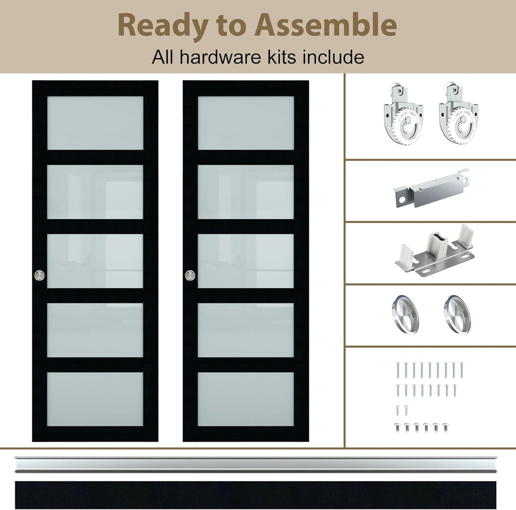 48x80 Sliding Closet Door, 5-Panels Preassembled Frosted Glass Door Panel with Hardware Kits & Match