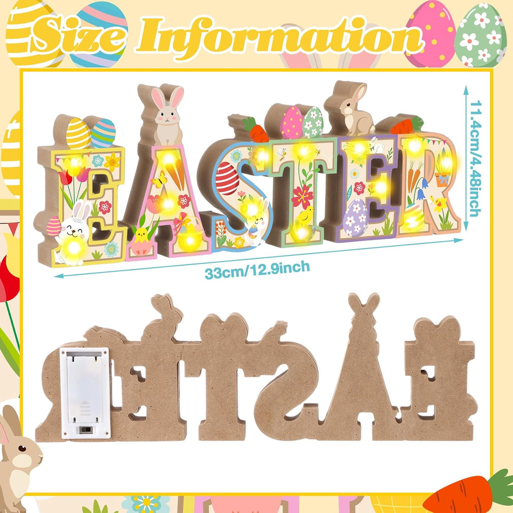 Easter Table Decoration Wooden Sign with LED Lights Easter Lighted Decor Rustic Farmhouse Table Centerpiece with 3D