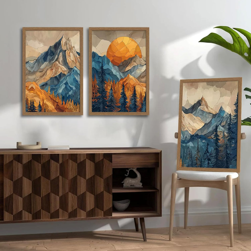 Mountain Wall Art Set of 3 Framed, Abstract Landscape Canvas Prints with Sunset Forest, Boho Nordic Nature Wall Decor
