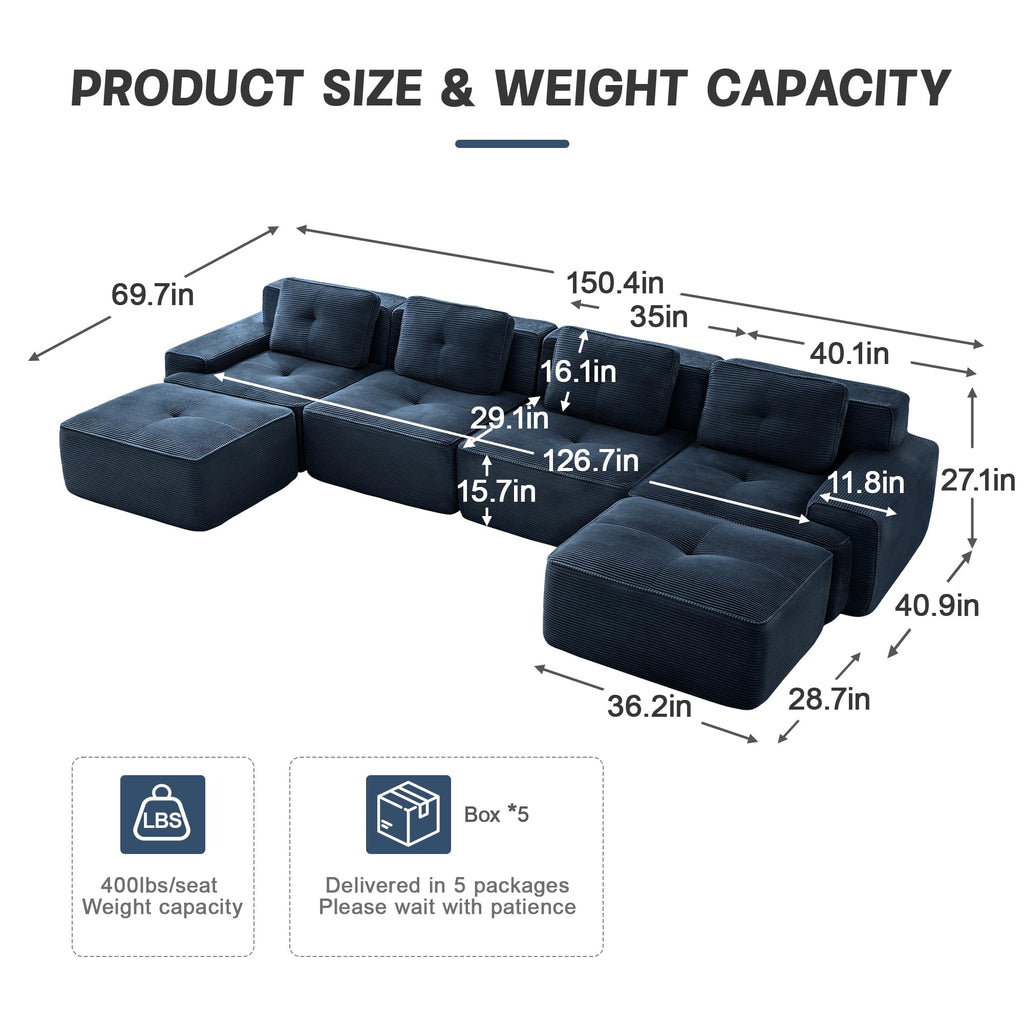 Compressed Boneless Corduroy Cloud Sectional Sofa Couches