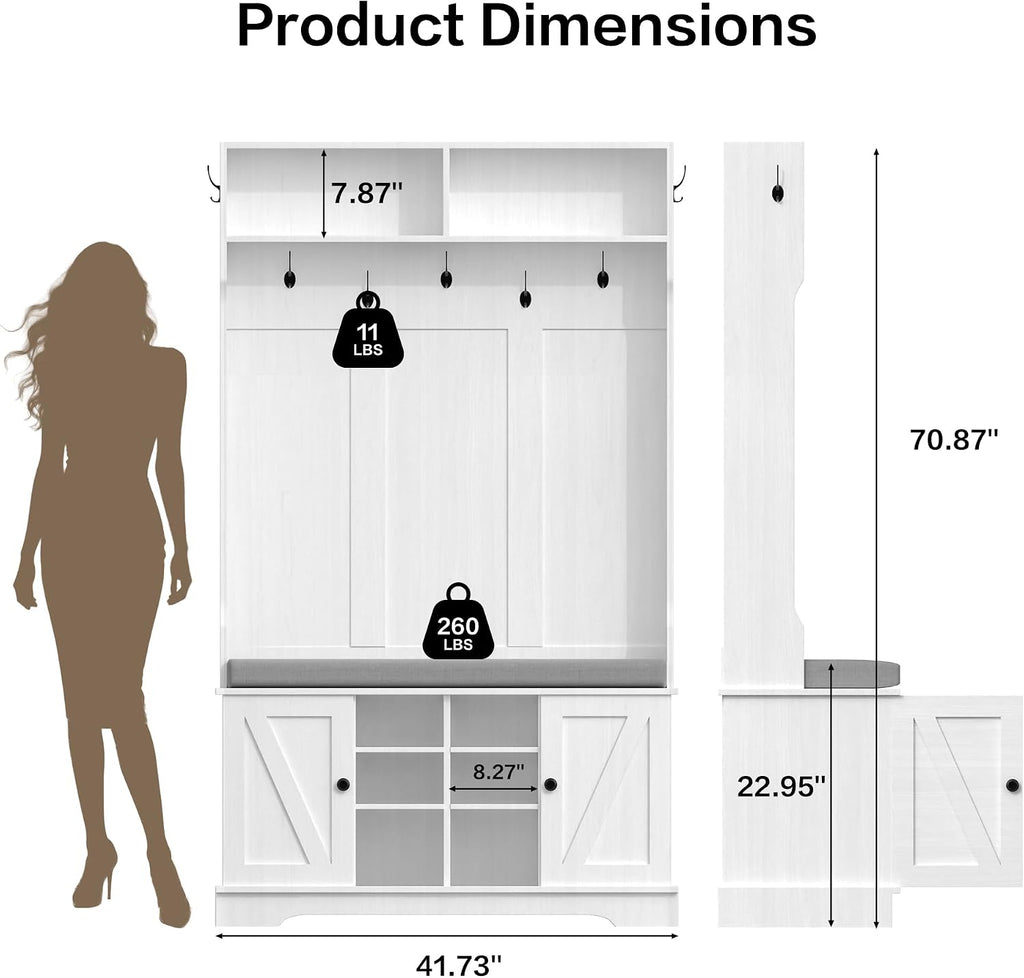 71" Hall Tree with Bench and Shoe Storage, Entryway Hall Tree with 2 Doors and 6 Adjustable Shelves, Cushioned