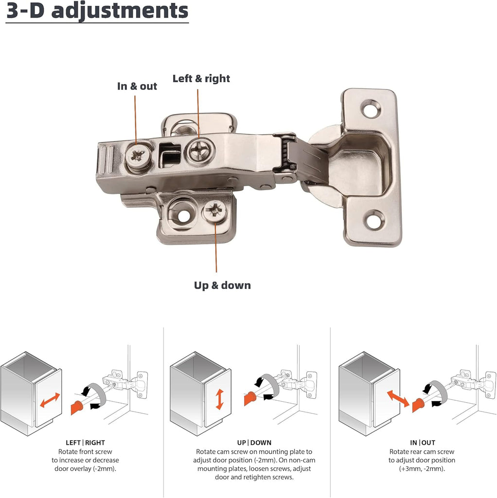 Full Overlay European Soft Close Cabinet Hinges Cabinets (10 Pcs) -105° Frameless Concealed Cabinet Door Hinge -5 Way