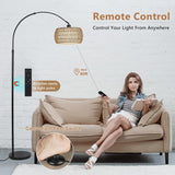 Arc Floor Lamps with 3 Color Temperatures, Black Standing Lamp with Remote & Dimmable LED Bulb, Rattan Boho Floor Lamp