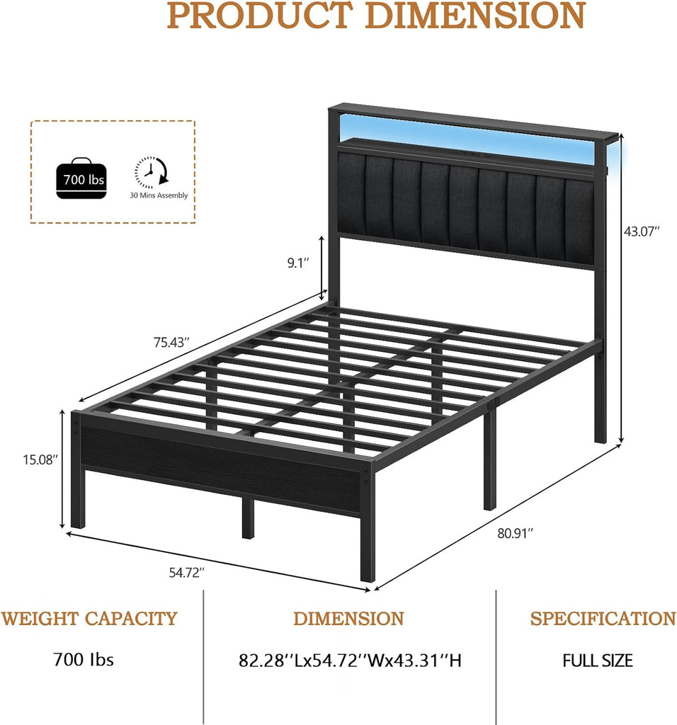 Full Bed Frame with Charging Station and LED Lights, Platform Bed with Metal Slats