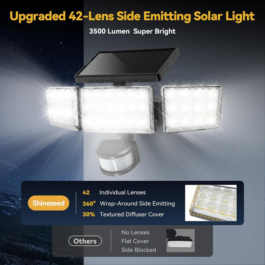 Solar Lights Outdoor, 3500LM 168 LED Motion Sensor Solar Flood Lights, 3 Heads 300° Wide Angle, 3 Modes IP65