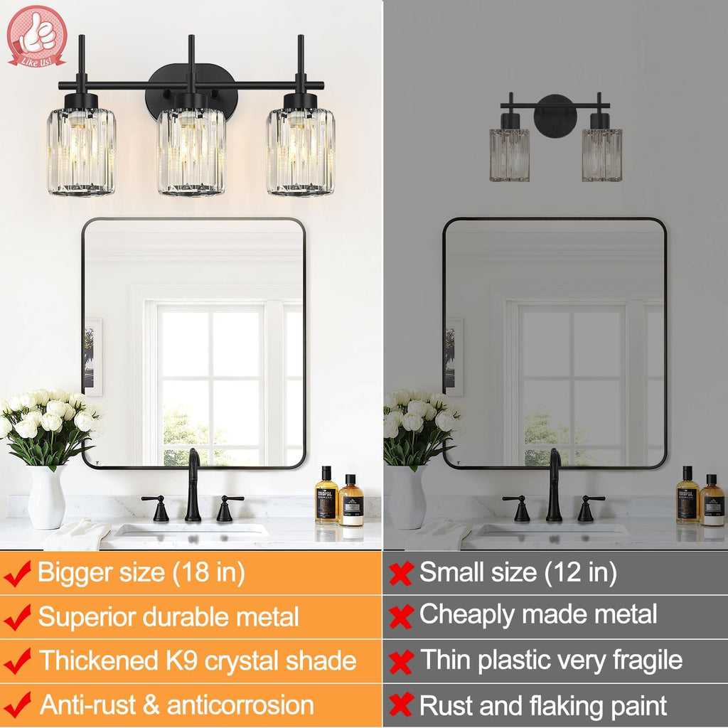 Matte Black Vanity Light, 3-Light Crystal Modern Bathroom Lighting Fixtures Over Mirror, Black Bathroom Vanity Light