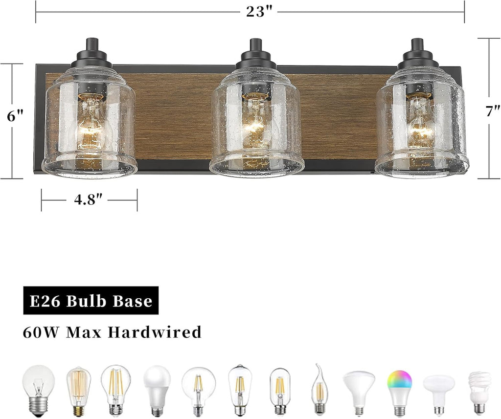 23" 3-Light Farmhouse Bathroom Vanity Light with Bubble Glass, Brown | Farmhouse Rustic style, Metal base with