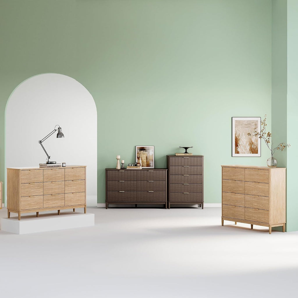 Fluted 6 Drawer Dresser , 54" Wide Mid-Century Modern Tall Chest of Drawers, Curved Corner Design, Storage Dressers