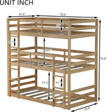 Triple Twin Bunk Bed, Solid Rubberwood 3-Tier Bed with 2 Ladders & Guardrails