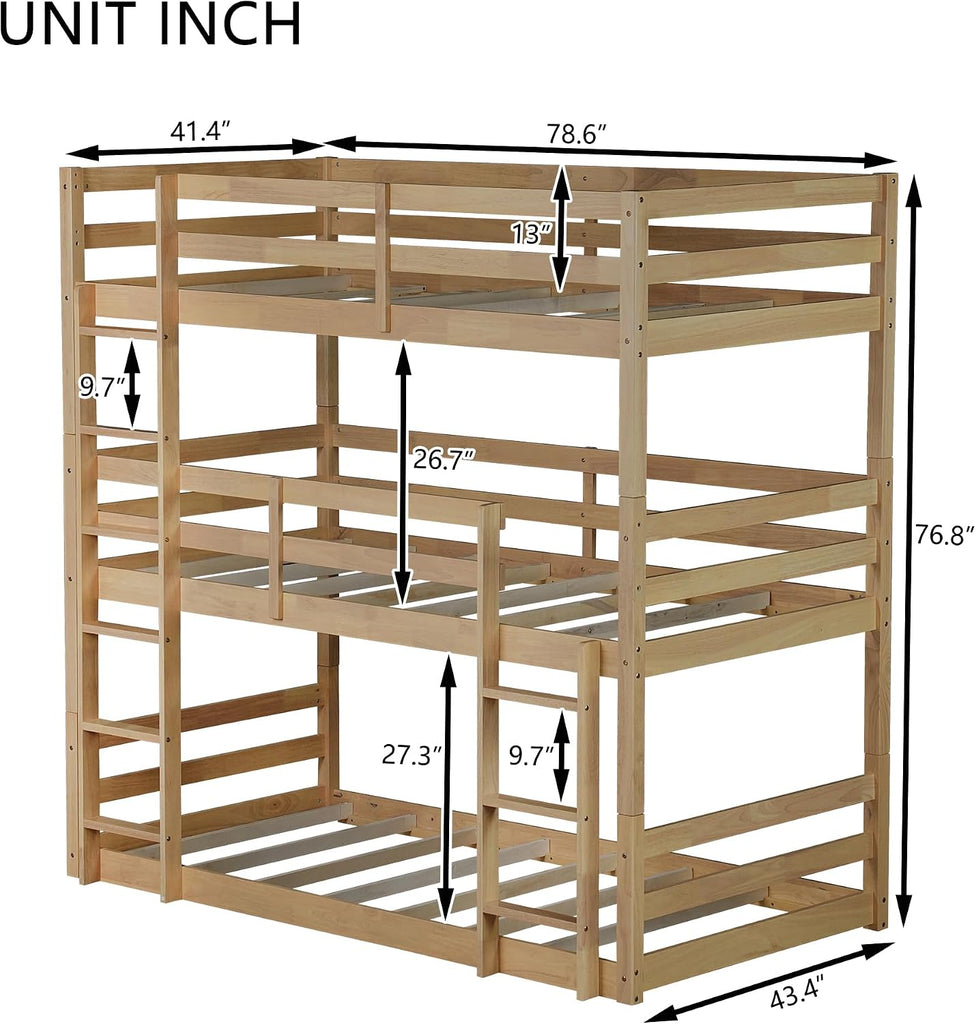 Triple Twin Bunk Bed, Solid Rubberwood 3-Tier Bed with 2 Ladders & Guardrails