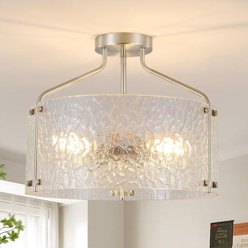 Semi Flush Mount Ceiling Light Fixture Glass Drum Chandelier Entryway Light Fixture 16''Brushed Nickel Flush Mount