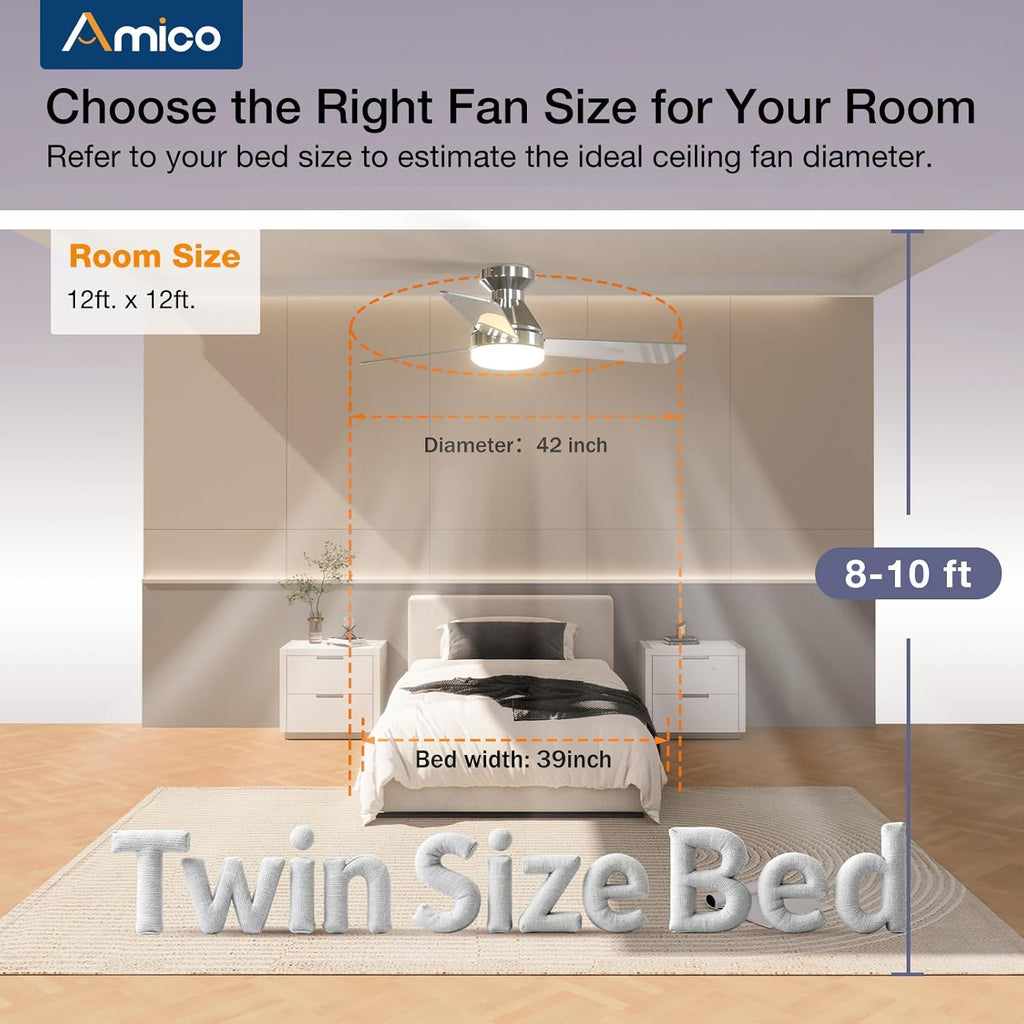 Ceiling Fans with Lights, 42 inch Low Profile Ceiling Fan with Light and Remote Control, Flush Mount, Reversible, 3CCT, Dimmable, Noiseless, Nickel Ceiling Fan for Bedroom, Indoor/Outdoor Use
