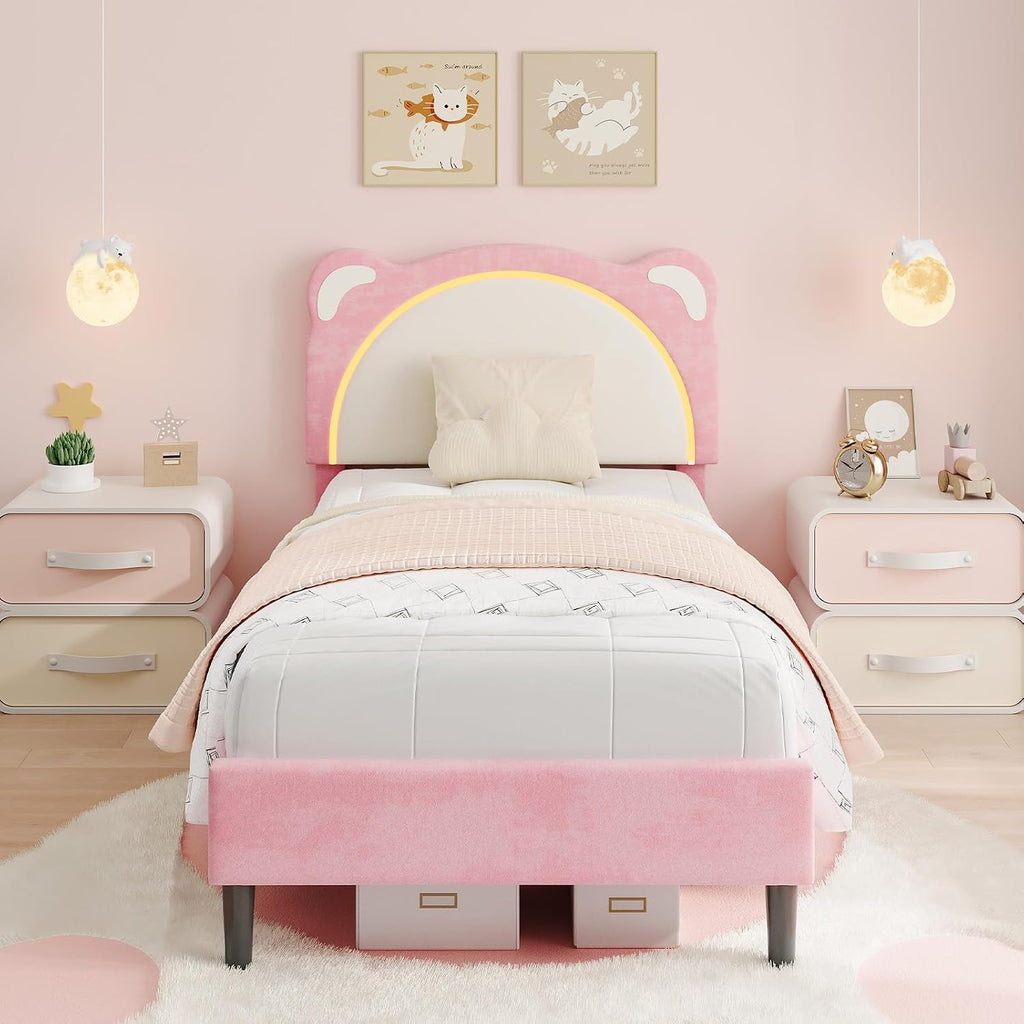 Pink Bed Frame Twin XL Size with LED Lights & Adjustable Headboard | Cute Bear Ear Kids Bed Frames, Velvet