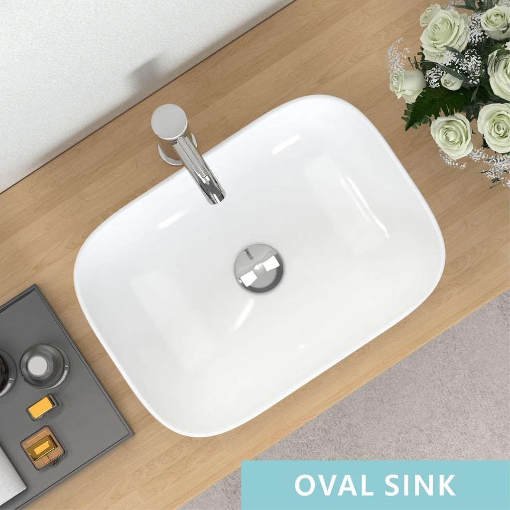 18.3'' x 13'' Bathroom Vessel Sink White Porcelain Ceramic Sink Bowl Above Counter Oval Wash Basin Vanity